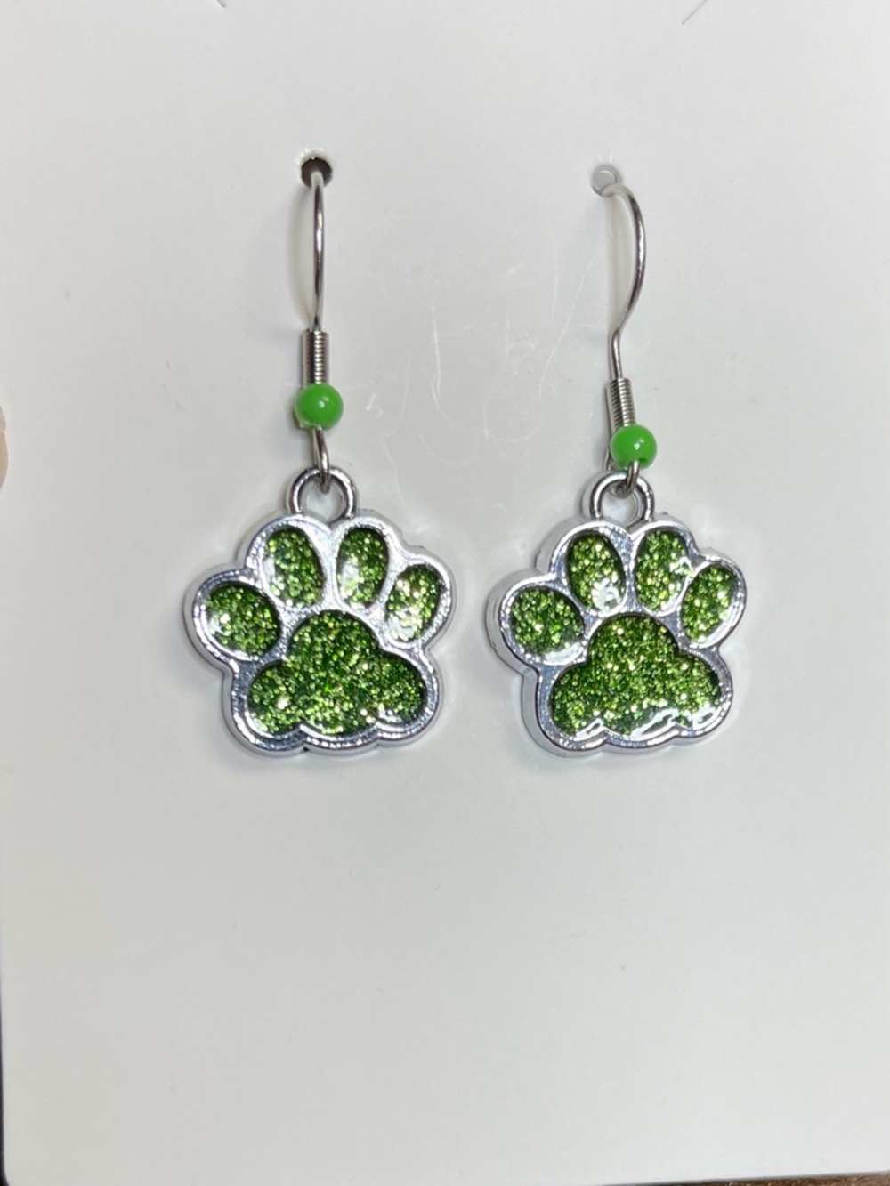 Green Glitter Paw Print Dangle Earrings